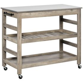 HOMCOM Rolling Kitchen Cart, Gray, with Stainless Steel Countertop, Bottom Shelf, Slotted Middle Shelf, 4 Castor Wheels