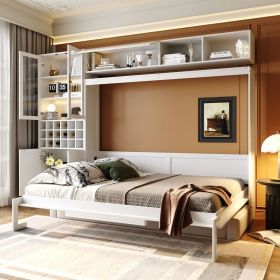 Queen Size Murphy Bed Wall Bed with Sofa , Shelves USB & Light ,White