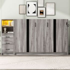 Twin Size Murphy Bed with Drawers and LED Light, can be Folded into a Cabinet, Gray(ETA:7.8)