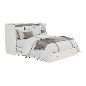 Wood Queen Cabinet Murpgy Bed with Storage Drawers for Guest Room,Hideaway Bed with White Rattan Design,Foldaway Bed Cabinet