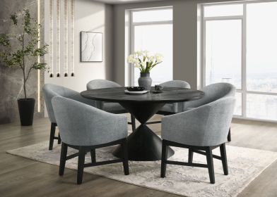 Haven 7Pc 59" Round Ebony Black Pedestal Dining Set with Hourglass Table Base and Gray Barrel Chairs