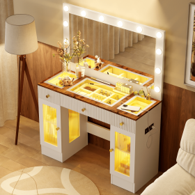 43.3" Vanity Desk with Large Mirror and Hollywood Bulbs, Modern Glass Top Makeup Vanity with Drawers and Power Outlet