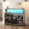 HOMCOM 55" Coffee Bar Cabinet with Lights, Farmhouse Wine Cabinet with Wine and Glass Racks for Kitchen, Dining Room, Brown