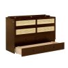 Queen Size Murphy Bed, Pine Wood Cabinet Bed with Rattan Decoration and Storage Drawer,Walnut