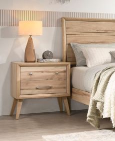 Classic Style Nightstand of 2x Drawers Natural Oak Finish Wooden Bedroom Furniture 1pc, Mid-Century Modern Design