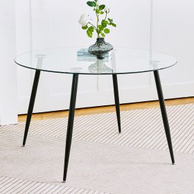 Modern simple glass table, high-quality tempered glass metal material, black spray table legs, suitable for restaurant kitchen (set of 1)