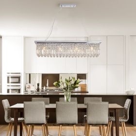 Modern Crystal Chandelier for Dining Room 8-Light White Rectangle Raindrop Chandelier Contemporary Rectangular Pendant Light Fixture for Kitchen