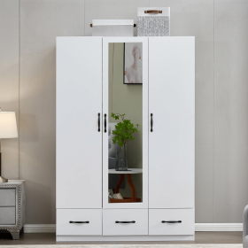 74.2" H Mirror 3 Doors Closet Wardrobe 3 Drawers White Wood Wardrobe Closet Armoire Freestanding Bedroom Closet Cabinet Armoire with Hanging Rod