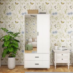 Large Armoire Wardrobe Closet with 2 Doors Hanging Rods 2 Drawers and Mirror for Clothes Storage Cabinet Organization Shelving for Bedroom Armoir
