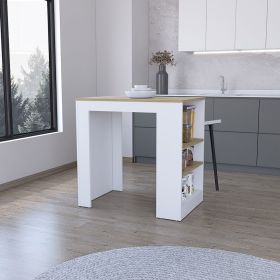 Kitchen Island Doyle, Three Side Shelves, White and Light Oak Finish