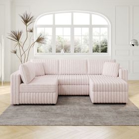 106.3" Soft U-shaped 4-Person Sofa. Matches 30.7" Ottoman with Hydraulic Lift. Comfortable & Stylish. For Bedroom & Living Room. Light Pink.Moder