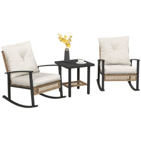 Outsunny 3 Pieces Bistro Set, Patio Wicker Furniture Set with Button Tufted Cushions, Rattan Rocking Chairs, Coffee Table, White