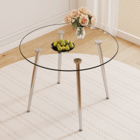 39.7-inch diameter circular dining table: transparent glass paired with silver table legs
