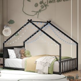 Twin Size House Bed with Roof and Colorful Lights, Metal Bed Frame with Slats and Legs, House Bed for Boy, Girls and Young Teens