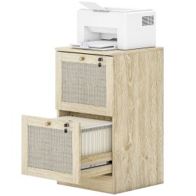 2 Drawer Filing Cabinet with Lock, Boho File Cabinet for A4 Letter Size Files with Decorative Rattan Accents, Oak