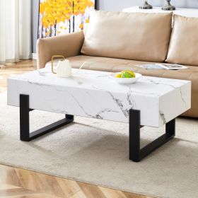 47.2x23.6Black And White Minimalist MDF Marble-Patterned Coffee Table.White Marble Pattern Sticker,Black Metal Leg Spray Coating,MDF Coffee Table (Option: WhiteBlack)