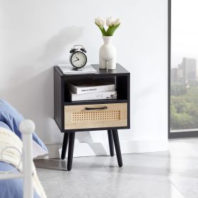Rattan End Table 15.75 W Drawer   Solid Wood Legs - Modern Nightstand (Color: Black)
