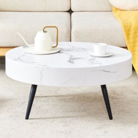 31.5 White Marble-Patterned MDF Round Coffee Table With Black Metal Legs.Adjustable Feet,Coffee Table,Round Table Design,MDF Material,White Marbl (Color: White)