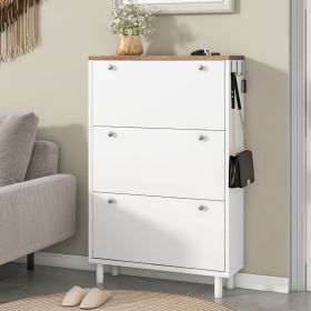 Narrow 3-Flip Drawer Shoe Cabinet Wood Grain Top Entryway Organizer (Color: White)