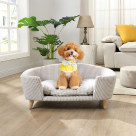 Elevated Dog Bed Frame For Small Dog, Corduroy Pet Couch Bed With Rubber Wood Legs And Supportive Foam, Beige, Easy Assembly (Color: Beige)