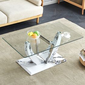Modern Minimalist Transparent Tempered Glass Coffee Table With Marble Patterned MDF Legs And Stainless Steel Decorative Columns. Computer Desk. G (Option: Transparent)
