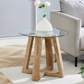 Modern And Practical Round Table. Made Of Clear Tempered Glass Top And Wood-coloured MDF Material. Suitable For Living Rooms And Bedrooms (Option: Wood)