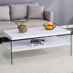 Double Rectangular Coffee Table. The Board Surface Is MDF, With White Stickers, And Both Sides Are Transparent Tempered Glass. Suitable For Livin (Color: White)