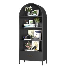 Metal Arched Bookshelf, Accent Arch Kitchen Pantry Cabinet With Drawer For Home Office Bar Living Room Farmhouse ,Black (Color: Black)