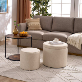 Ottoman, Multi-functional Combination Set Table Ottoman, Combination Of Ottoman And Table, With Drum Stool, With Storage Space (Color: Beige)