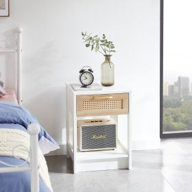 15.75 Rattan End Table With Drawer, Modern Nightstand For Bedroom, White (Color: White)