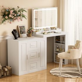 59Makeup Vanity Desk With Mirror, Vanity Mirror With Lights, Dressing Table With 3 Drawers And 2 Cabinets, Vanity Table With Storage Shelves For (Color: White)