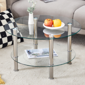 Contemporary Minimalist Double Layer Tempered Glass Coffee Table  27.5 Top And 23.6 Bottom.Reinforced Glass Tabletop,Stainless Steel Silver Plate (Color: Silver)