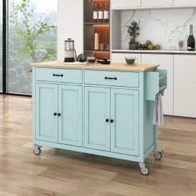 Kitchen Island Cart 4-Door Cabinet, 2 Drawers, 2 Locking Wheels, Solid Wood Top (Color: Green)