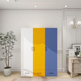 Doors Bedroom Armoire Wardrobe Closet Cabinet, Wardrobe Closet with Hanging Rod, Wood Closet Wardrobe for Large Storage (Color: Yellow+Blue+White)