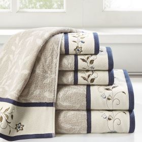Embroidered Cotton Jacquard 6 Piece Towel Set (Color: as Pic)