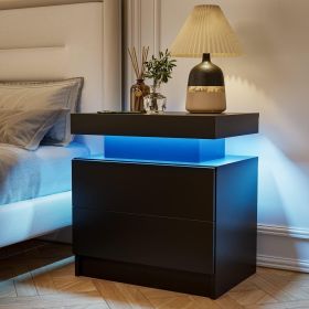 Nightstand LED Bedside Table Cabinet Lights Modern End Side with 2 Drawers for Bedroom (Black) (Color: (Black))