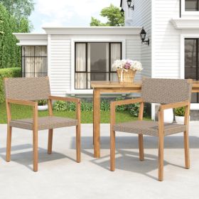 Outdoor Dining Chairs Set Of 2, Light Teak Acacia Wood Frame And Multi Light Brown PE Wicker, Ideal For Patios, Gardens (Option: Light Brown)
