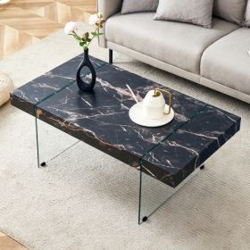 43.3x23.6 Black Marble-Patterned MDF Coffee Table With Tempered Glass Legs.Suitable For Living Room.It Can Be Used Not Only As A Coffee Table But (Option: BlackTransparent)