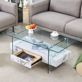 43.3 Inch Modern Two-Tier Coffee Table - Clear Tempered Glass And White Marble Texture, Multifunctional Storage Design.The Bottom Tier Includes A (Option: TransparentWhite)