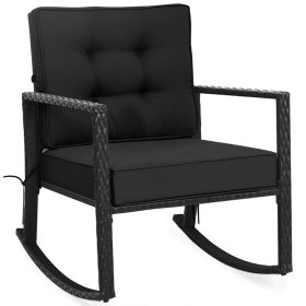 Patio Rattan Rocker Outdoor Glider Rocking Chair Cushion Lawn (Color: Black)