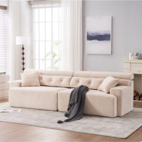 LY-029 APRICOT COMPRESSION SOFA 4-seater Combined Sofa, Wood Grain Chenille Fabric, Full Sponge Compression Sofa,combined Sofa With 2 Pillows For (Option: Apricot Cream)